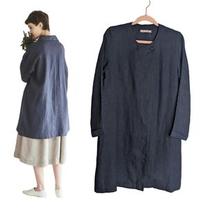 FLW Fog Linen Work Blue Longline Linen Jacket Size S/M